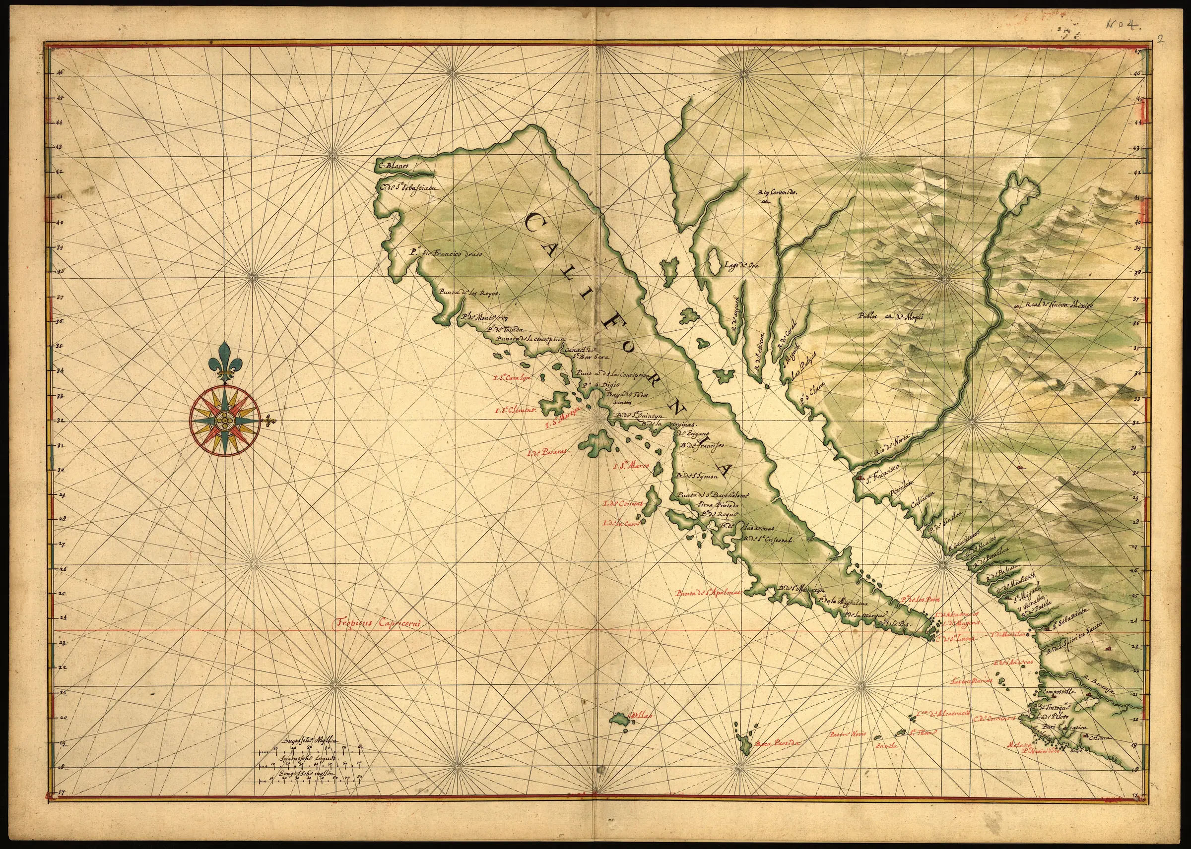 Seventeenth-century manuscript map showing California as a long island separated from the North American mainland, crossed by navigational rhumb lines.