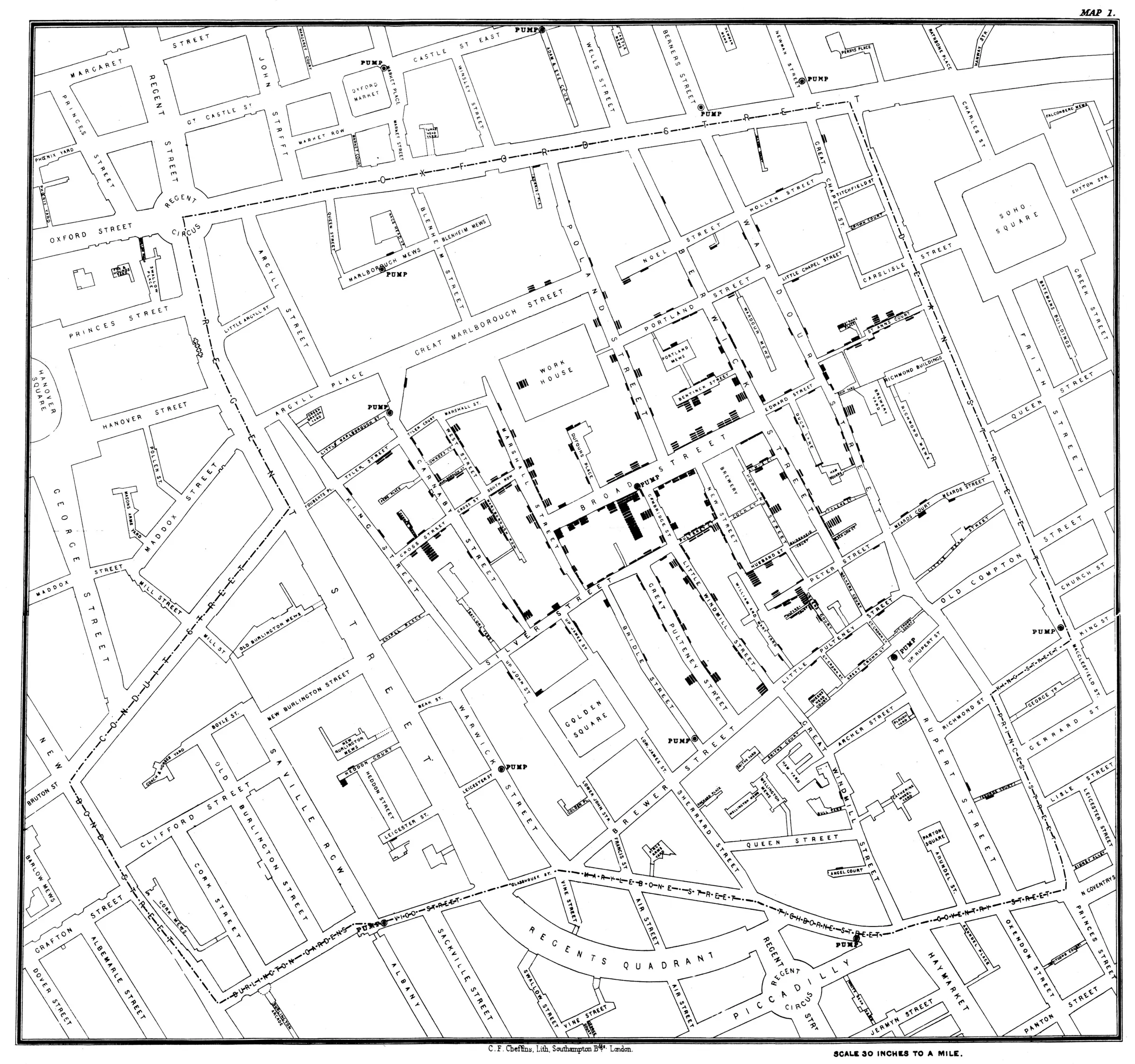 John Snow’s 1854 map of Soho showing cholera deaths as stacked black bars along streets. The heaviest concentration of marks is around the Broad Street area near the contaminated water pump.