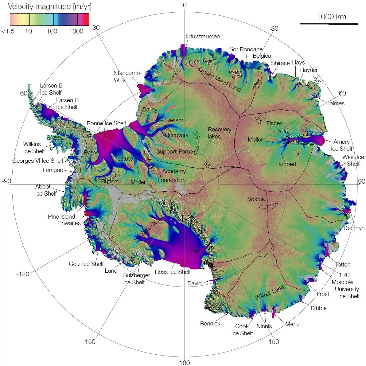 Satellite-derived map of Antarctic ice-flow speed and direction. Networks of faster-flowing ice streams extend from the continental interior toward the coast.