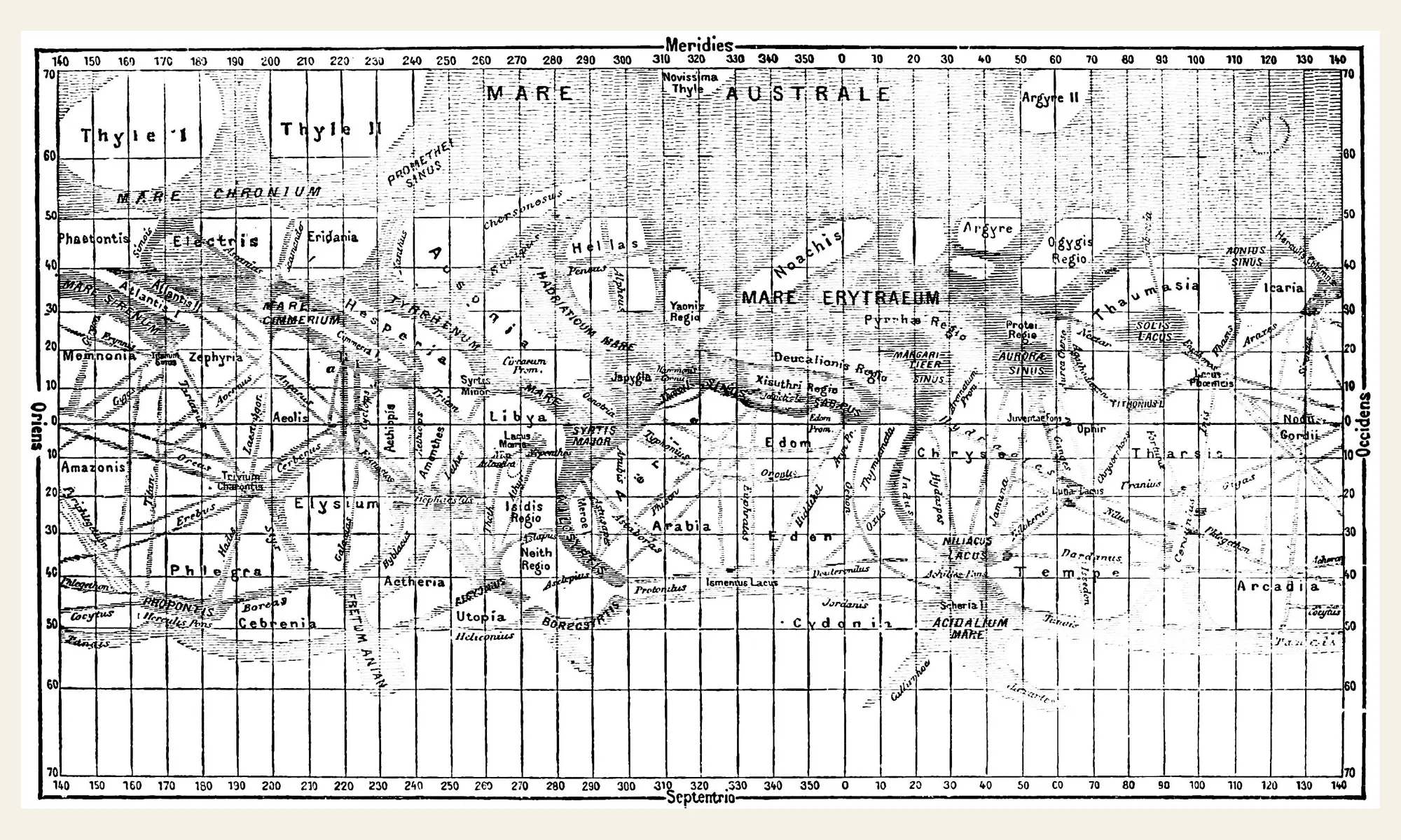 Historical 1889 map of Mars showing two hemispheric views covered with a latitude-longitude grid, named surface regions, and numerous thin straight lines representing the canali mapped from telescopic observations.