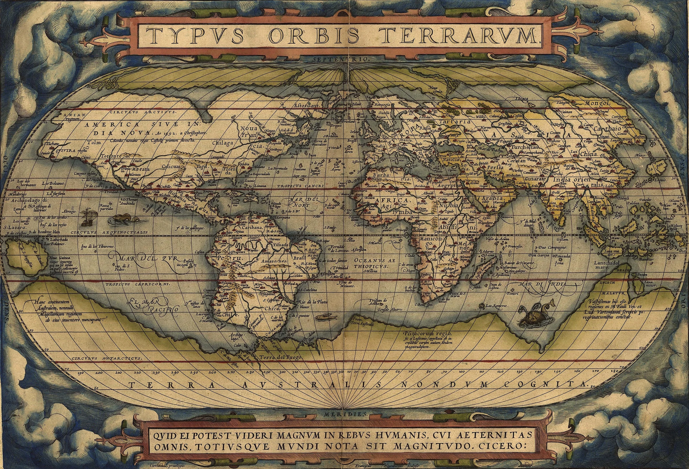 Abraham Ortelius's 1570 world map, with a huge hypothetical landmass labeled Terra Australis Nondum Cognita stretching across much of the bottom of the map beneath South America, Africa, and Asia.