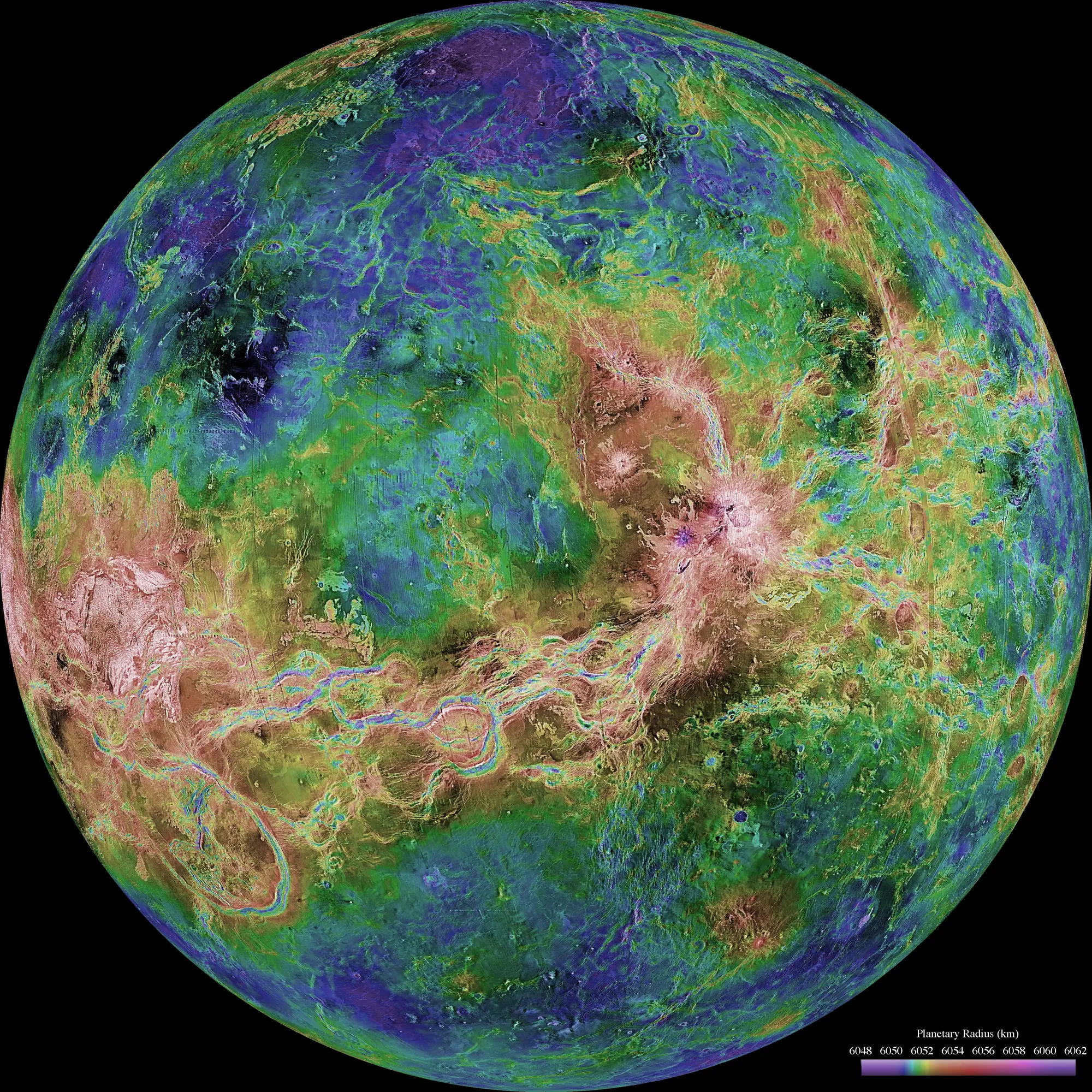 Radar-derived hemispheric view of Venus showing detailed surface terrain that is hidden beneath the planet's opaque cloud cover.